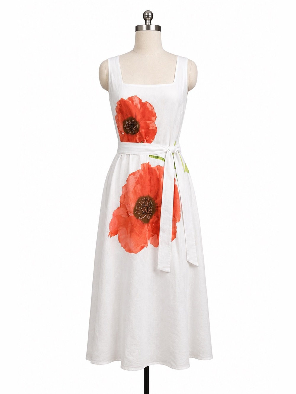 Karl Lagerfeld Paris Linen Blend Floral Midi Dress Belted Pockets White 16 NWT - Picture 4 of 16